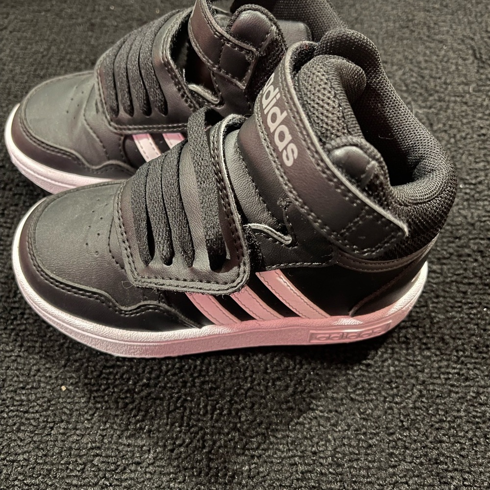 Adidas Kids Black Sneakers with Pink Stripes